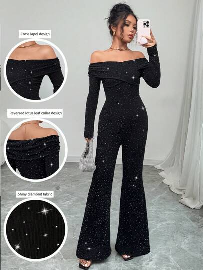 Elenzga 黑色露肩优雅简约修身连体裤，适合约会、聚会、春季