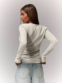 MUSERA Notch Neckline Long Sleeve Fitted Top Casual Vacation Airport Holiday  Back To School  Winter ,Elegant Spring Summer - Beige - View 2