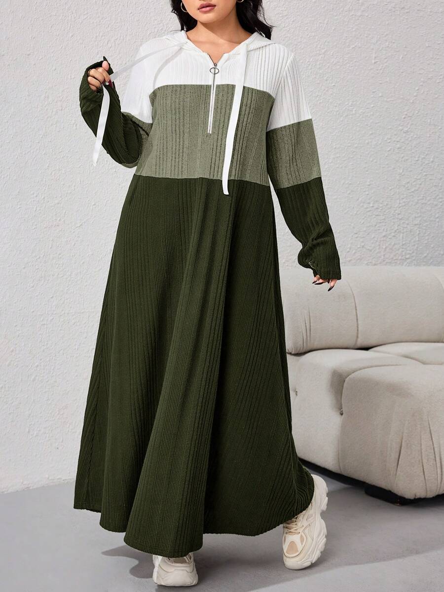 Mulvari 大码长袖休闲连衣裙，简约时尚，适合日常穿着 - 軍綠色 - 查看 1