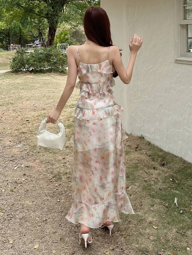 Women Floral Print Cami Dress With Ruffle Trim, Pink, Fit For Holiday, Vacation And Beach, Spring/Summer SpringStyle Sundress Cruise Outfit For Women Easter Boho