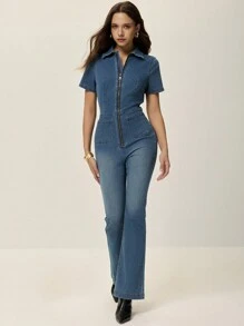 Poéselle Women's Casual Washed Denim Short Sleeve Flared Jumpsuit, Women's Flared Jeans, Spring Jumpsuit Jeans, FW25 - Medium Wash - View 4