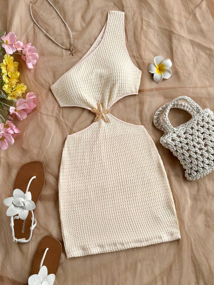 Soleia 女式杏色纹理面料单肩镂空腰部金属扣点缀迷你连衣裙，休闲度假海滩度假浪漫夏季服装 - 杏色 - 查看 1