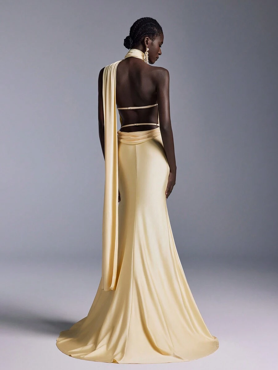 Elitara Elegant And Simple Light Yellow Scarf Tie Chest Cup Sexy Large Backless Adjustable Fishtail Dress, Suitable For Dating Single Party Graduation Ceremony, Wedding Event Dinner Dress, Wedding Guest Dress, Formal Dress, Evening Dress,Gown - Yellow - View 1