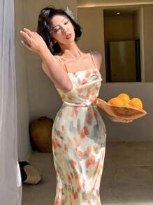 DAZY Vestido de mujer con estampado floral, plisado, con abertura y sin mangas, de largo medio, tipo vestido de verano