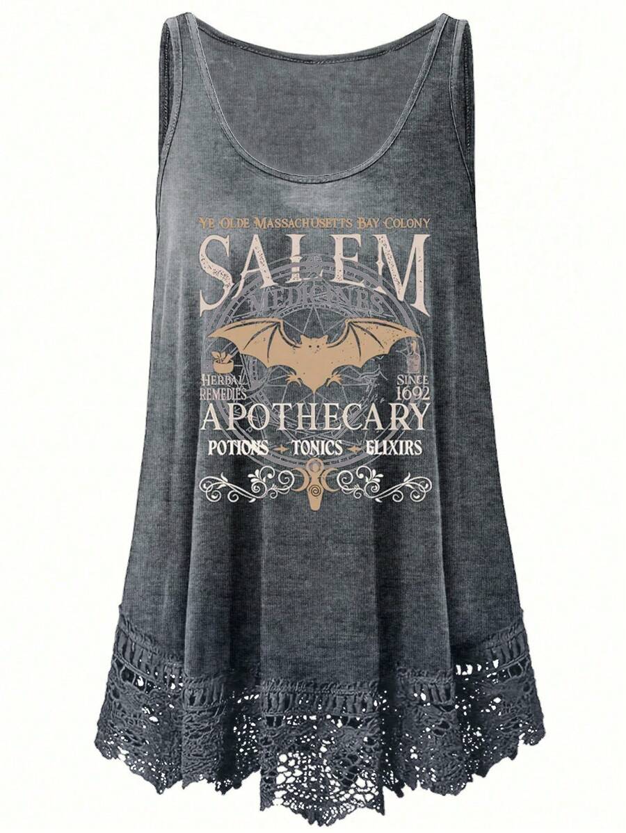 Calvaya 大码休闲复古蝙蝠与字母印花撞色蕾丝图案女式背心，适合夏季 - 深灰色 - 查看 1