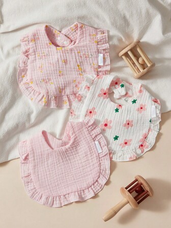 3pcs Set Cotton Muslin Bibs With Soft Ruffled Edges For Infants