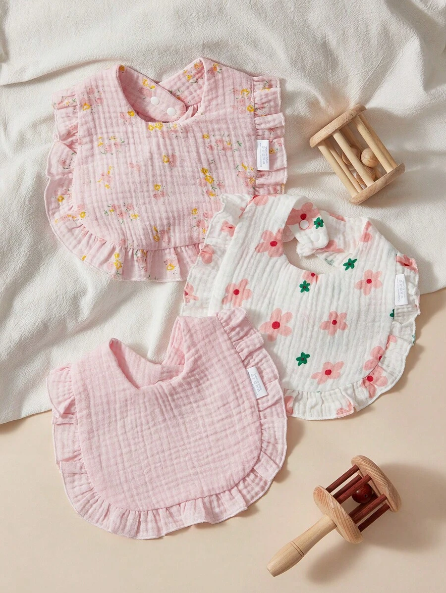 3pcs Set Cotton Muslin Bibs With Soft Ruffled Edges For Infants