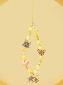 TOM & JERRY X SHEIN 亚克力卡通设计时尚可爱黄色手工心形串珠手机链手机挂绳