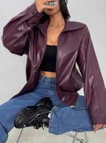 SHEIN ICON Drop Shoulder Zip Up Black PU Jacket - Rose Red - View 1