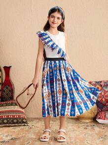 Blue And White Retro Print Ruffle Trim Summer Tea Party Modest Sweet Style - Multicolor - View 6