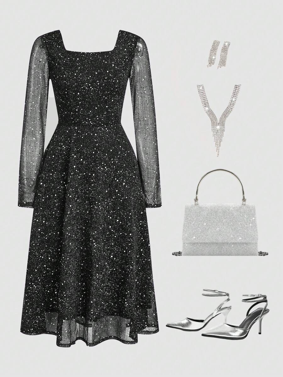 Ellevyn Christmas Women's Winter Long Sleeved Square Collar With Transparent Sparkling Lace Sleeves, Waist Cinched A-Line Dress - Grey - View 1