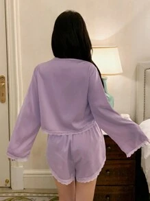 DAZY Romantic Lace Patchwork Satin Bowknot Top And Shorts Pajama Set For Women, Fall Winter Clothes - Mauve Purple - View 2