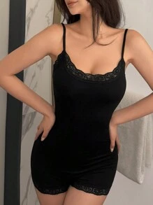 DAZY Lace Patchwork Sexy Jumpsuit Camisole Nightwear Set Pajama - Black - View 7