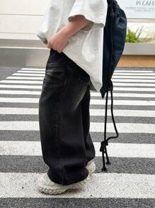 SHEIN 年轻男孩时尚做旧洗水猫须宽松黑色牛仔裤，适合儿童日常穿着和街头服装 - 黑色 - 查看 6