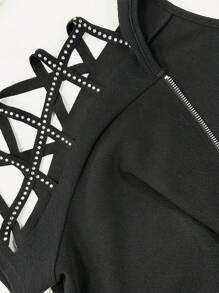 Blusa de mujer talla grande con hombros con recorte y cremallera con aplicaciones de rhinestone - Negro - Ver 4