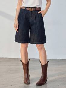 Dazy-Less 休闲商务宽松阔腿及膝直筒牛仔短裤女款老款 - 深色水洗藍 - 查看 3