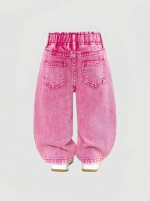 Baby Girl New Fashion Ruffled Waist Washed Denim Straight Leg Pants, Fuchsia,Holiday,Summer,Travel