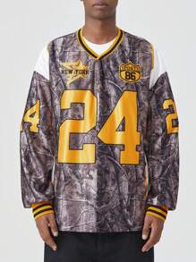 ROMWE MEN Prep 男士 V 领长袖字母与树枝印花休闲 T 恤，秋季