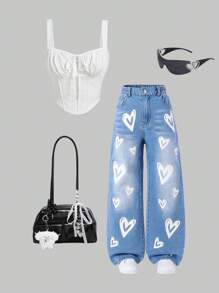 SHEIN Tween Girls Heart Print Washed Blue Straight Leg Jeans - Light Wash - View 1