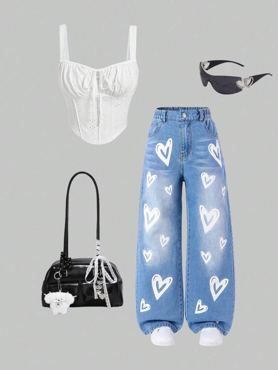 SHEIN Tween Girls Heart Print Washed Blue Straight Leg Jeans - Light Wash - View 1