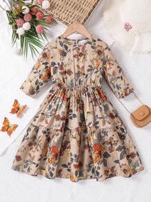 SHEIN Young Girl Vintage Ditsy Floral Print Loose Casual Round Neck 3/4 Sleeve A-Line Midi Dress, Matching Family Vacation, National Style Vintage Rose Ditsy Floral, Spring/Summer, National Style, Casual, Vintage, Mom And Daughter & Sisters Matching.For Vacation.