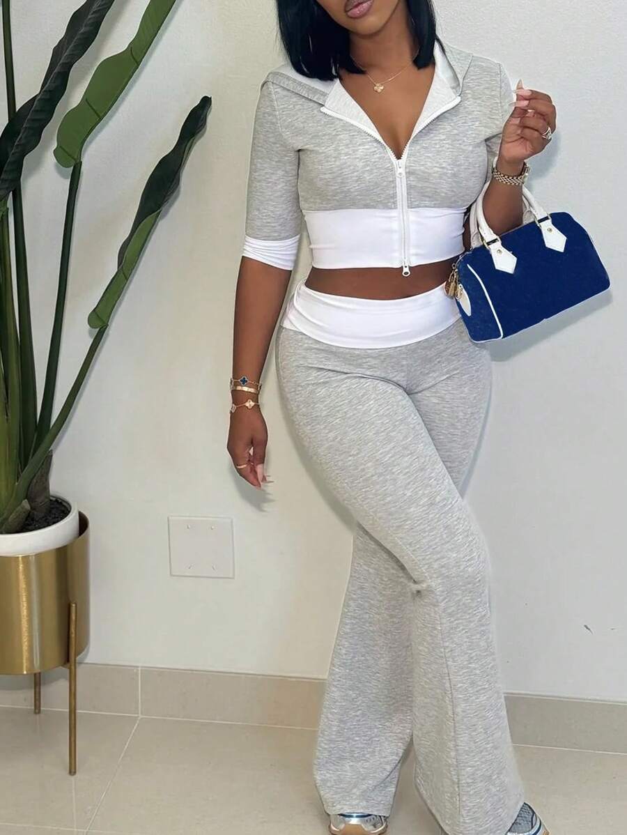 Set de 2 piezas con sudadera con capucha y pantalones con bloques de color contrastante y decoración de cremallera para mujer