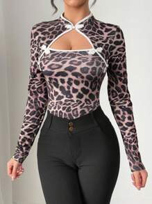 Elenzga Women's Cheongsam Collar Hollow Out Exposed Chest Contrast Color Chinese Button Long Sleeve T-Shirt