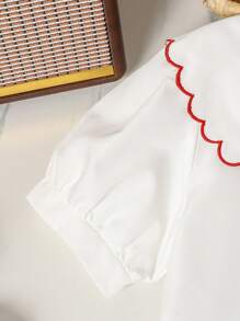 SHEIN Young Girls' Vacation Casual Ditsy Floral Embroidery Puff Sleeve Shirt + Ruffle Hem Mini Skirt 2 Pieces Set