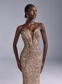 Elitara Váy bodycon đuôi cá đính hạt đàn hồi không dây màu vàng sâm panh sang trọng & thanh lịch, váy dự tiệc cưới, phù hợp cho tiệc cưới, tiệc độc thân, kỳ nghỉ, vũ hội, tiệc trang trọng, váy dạ hội, váy dài - Rượu sâm banh - Xem 2