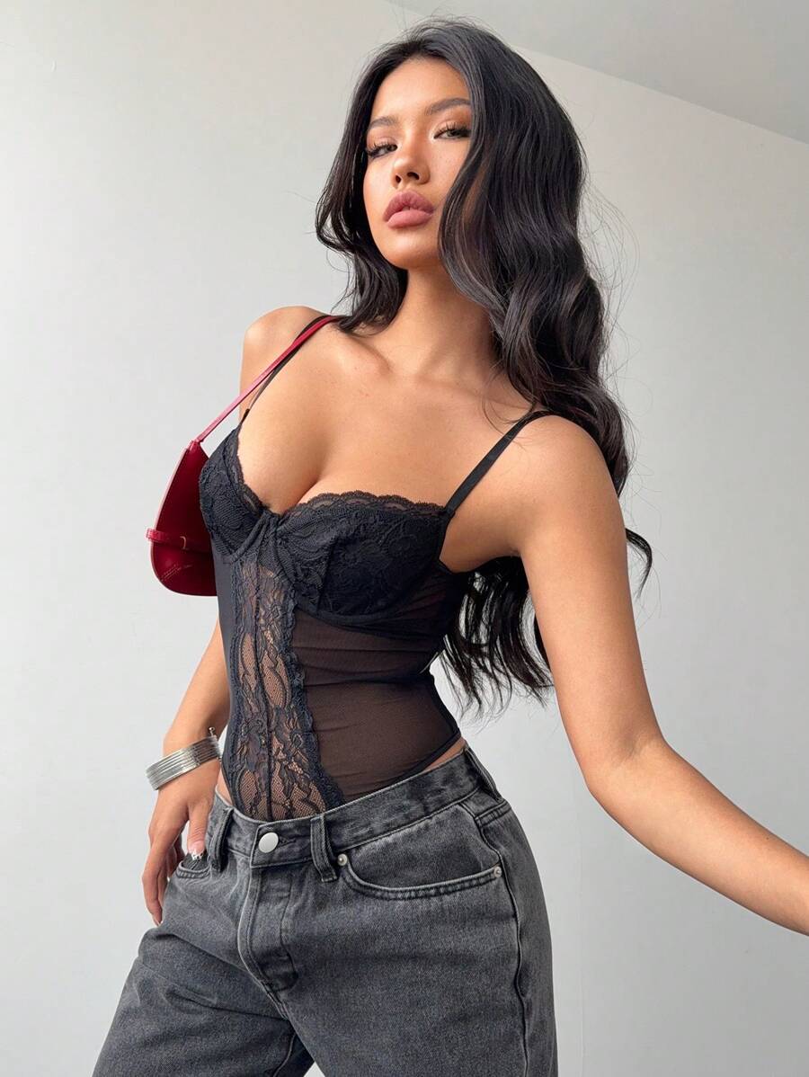 Aloruh 女士性感优雅蕾丝拼布吊带背心紧身衣束身衣束身衣上衣女士束身衣紧身衣澳门优雅