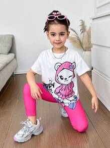 Set de 2 piezas: Camiseta de cuello redondo con patrón de gato lindo y pantalones ajustados para niñas jóvenes