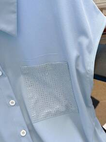 SHEIN LUNE Standard Size Women's Rhinestone Decor Shirt Collar Raglan Sleeve With Pocket Casual Short Sleeve Blouse