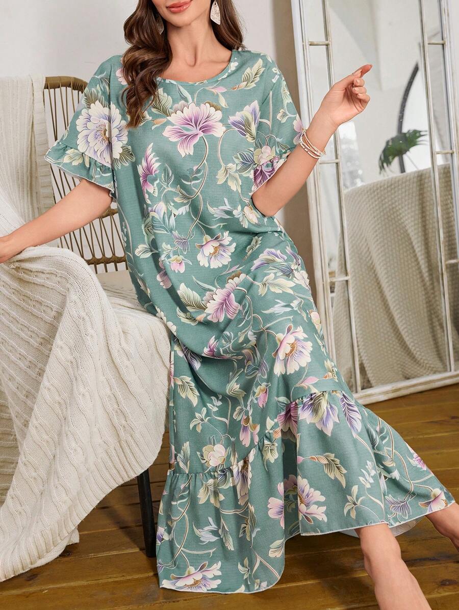 Bubble Ruffled Floral Print Long Nightgown Babydoll Luxeloungewear, Moo Moo - Multicolor - View 1