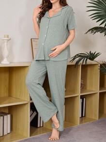 Conjunto de ropa de estar en casa para maternidad de 2 en 1 con diseño de lactancia, cardigan de unicolor