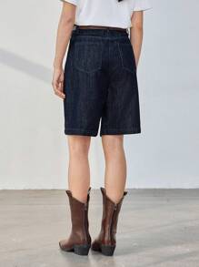 Dazy-Less 休闲商务宽松阔腿及膝直筒牛仔短裤女款老款 - 深色水洗藍 - 查看 5