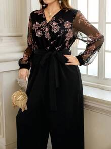 SHEIN Clasi 优雅亮片花卉印花网眼拼布大码女式长袖连体裤, 女士夏季服装, 女士情人节服装, 女士连体裤, 女士连体裤, 女士黑色连体裤, - 彩色 - 查看 6