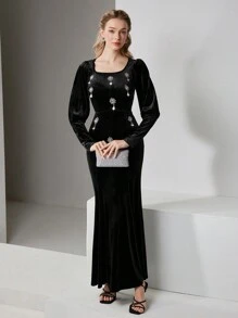 Modelyn 女士优雅长袖连衣裙，方领，水晶装饰长款晚礼服 - 黑色 - 查看 6