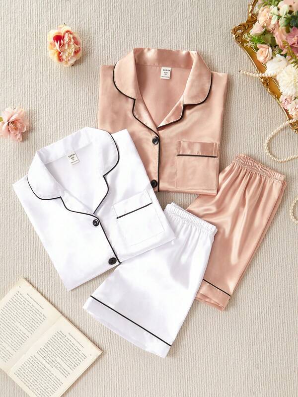 4pcs Tween Girl Casual Solid Color V-Neck Shirt , Short Sleeve Top, And Shorts Loungewear Set, Comfortable Satin
