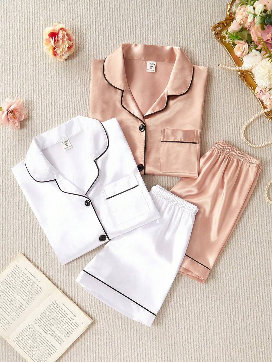 4pcs Tween Girl Casual Solid Color V-Neck Shirt , Short Sleeve Top, And Shorts Loungewear Set, Comfortable Satin - Multicolor - View 1