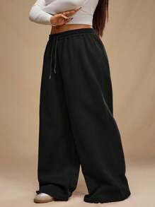 Forever 21 大码女式纯色抽绳腰阔腿休闲运动裤 - 黑色 - 查看 3