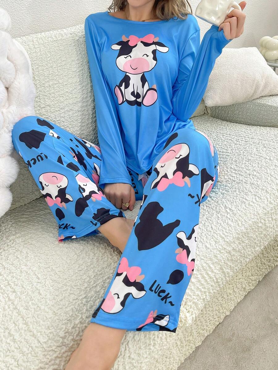 可爱卡通奶牛印花女士睡衣套装，秋冬舒适优雅细节
