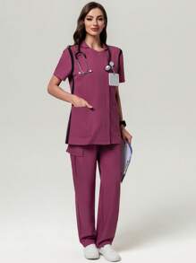 Anti-Wrinkle Contrasting Color Short Sleeve Women's Scrub Uniform Top Scrub Sets For Women - Red Violet - View 4