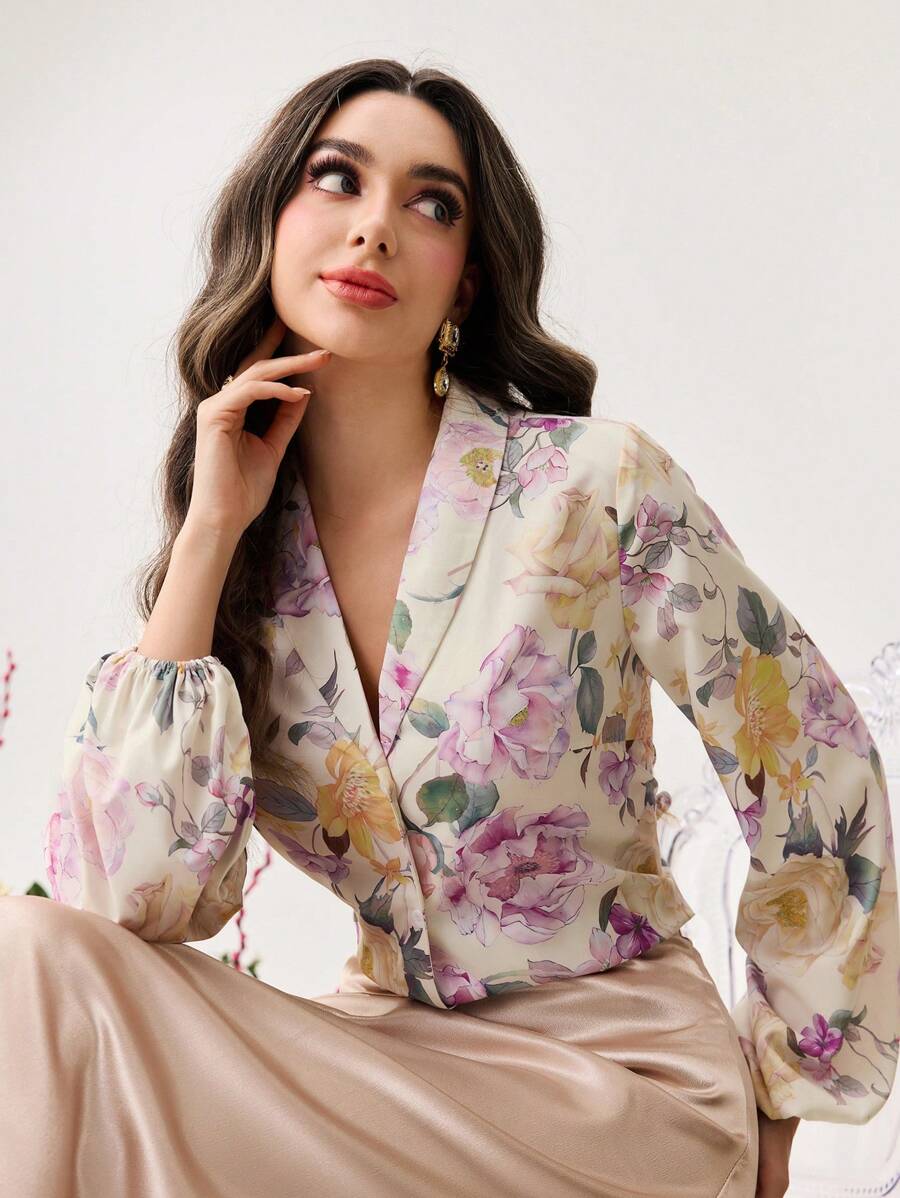 Modelyn 女士花卉印花灯笼袖浪漫优雅衬衫 - 米色 - 查看 1
