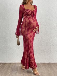 MaterniChic Váy bodycon ren tay dài dự tiệc mừng em bé chào đời có tay loe và cổ tim, váy bầu - Màu Đỏ Sâu - Xem 5