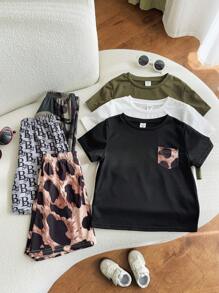 6pcs/Set Young Boys Casual Funny Cute Patchwork Print Pattern Round Neck Short Sleeve T-Shirt & Shorts 2 Pieces Outfits, 3 Designs, Suitable For School, Garden, Beach, Birthday, Spring/Summer/Autumn/Winter - Multicolor - View 6