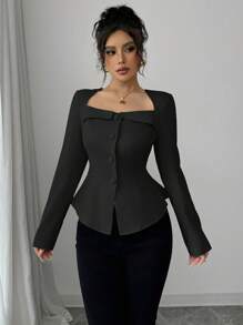 Elenzga 女士法式优雅通勤梯形领方领前中开扣装饰腰线A字长袖衬衫，春秋冬