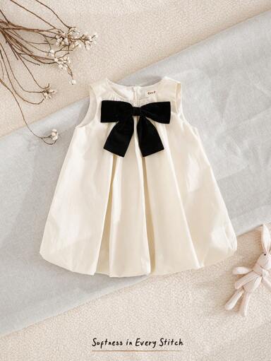 Cozy Pixies Vestido Decorado com Laço Grande de Gola Redonda e Sem Manga para Menina Bebê