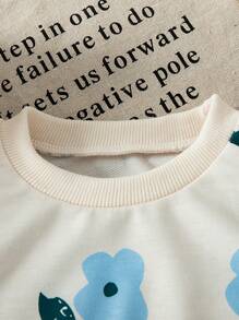 SHEIN Vintaside Kids Baby Girl Flowers Printed Ribbed Round Neck Sweatshirt And Ribbed Leggings 2pcs Set, Comfortable And Fashionable, Autumn/Winter - Blue - View 5