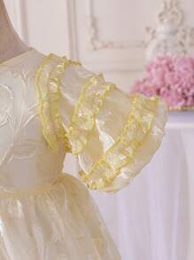 Glamorique Kids Fancy Cutout Pattern Puff Sleeve Girls Dress, Spring/Summer - Yellow - View 3