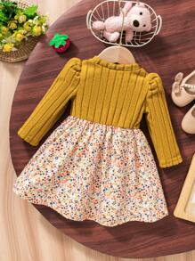 Infant Girls' Casual Ditsy Floral Long Sleeve Ribbed Knit Dress, Autumn - Yellow - View 2